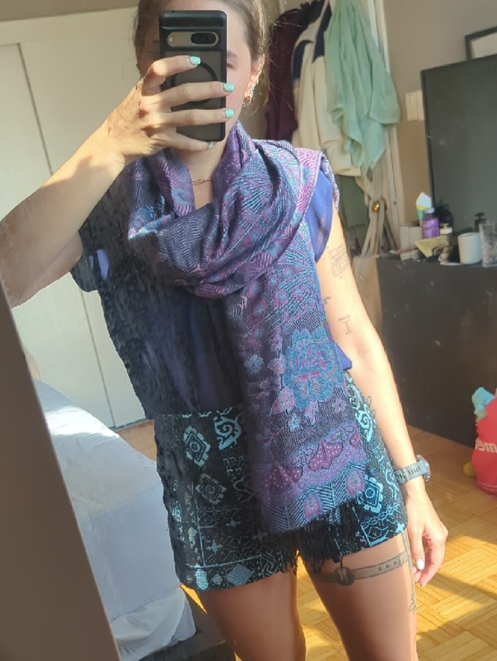 pashmina Purple and Blue Paisley Fringe Wrap